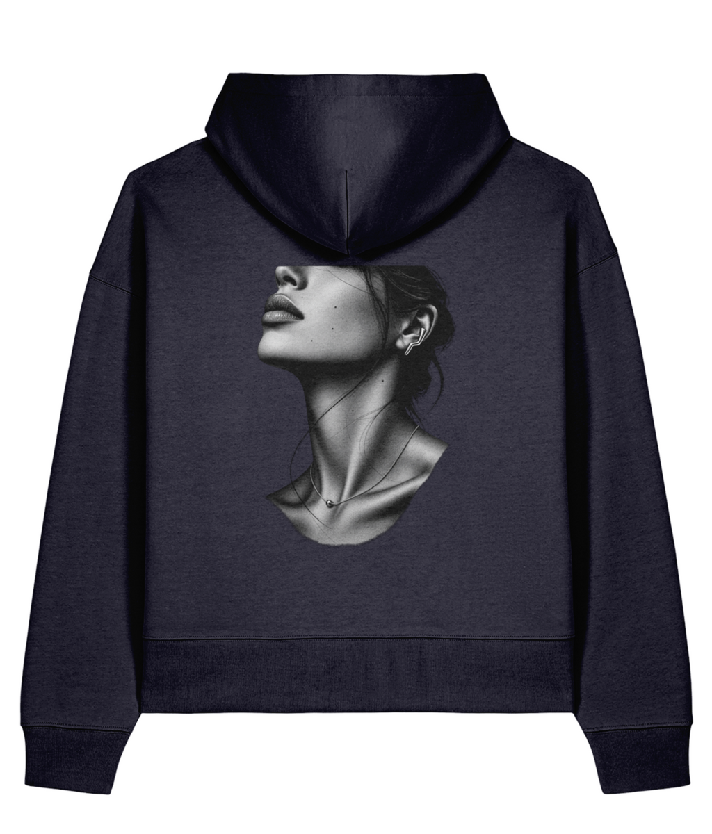 Silver Profile Boxy Hoodie — French Navy, back view.