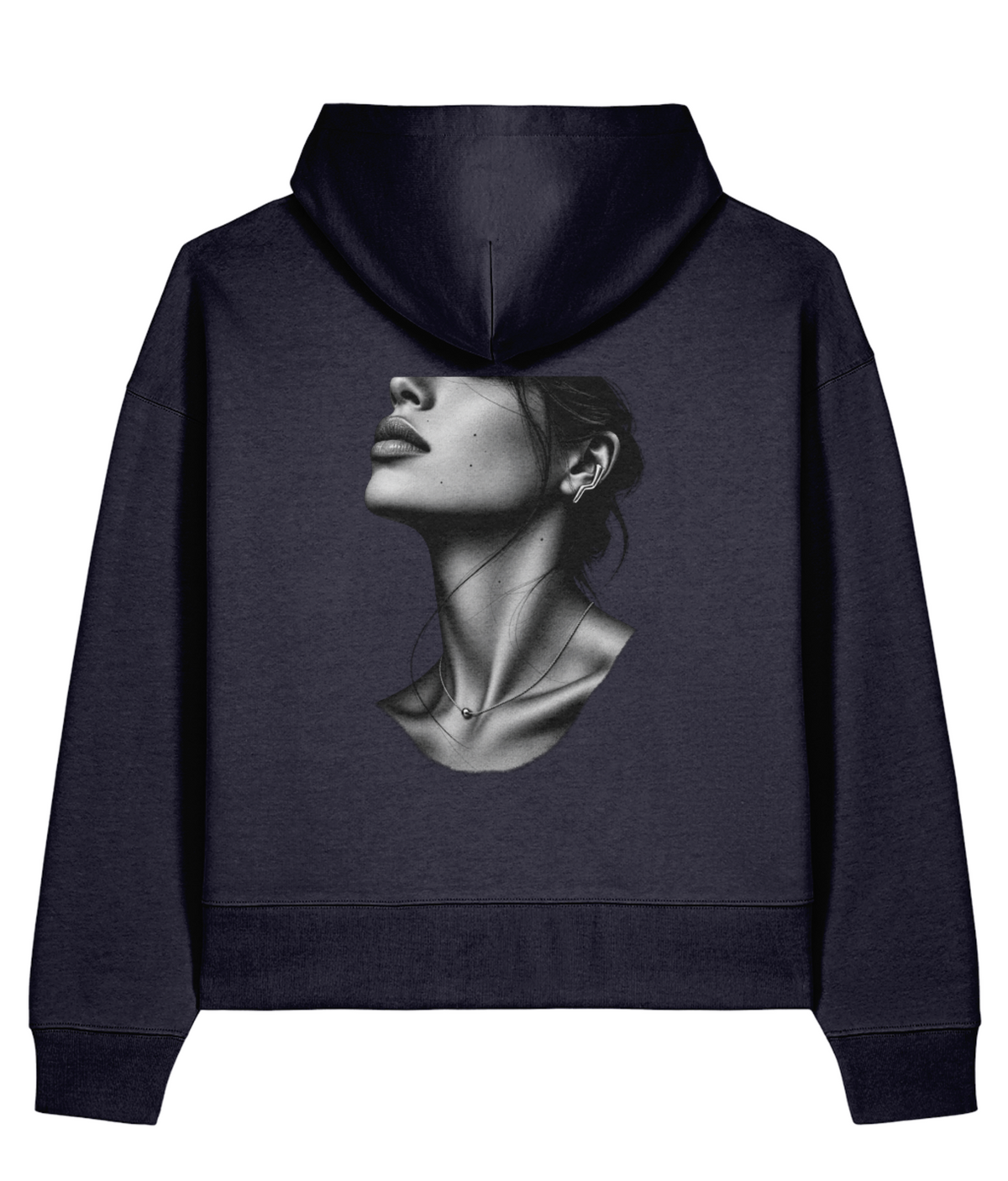 Silver Profile Boxy Hoodie — French Navy, back view.