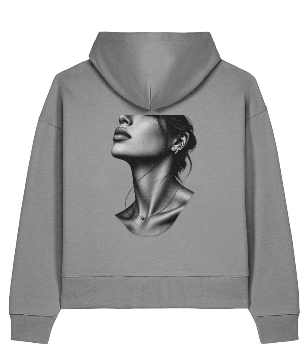 Silver Profile Boxy Hoodie — Misty Grey, back view.