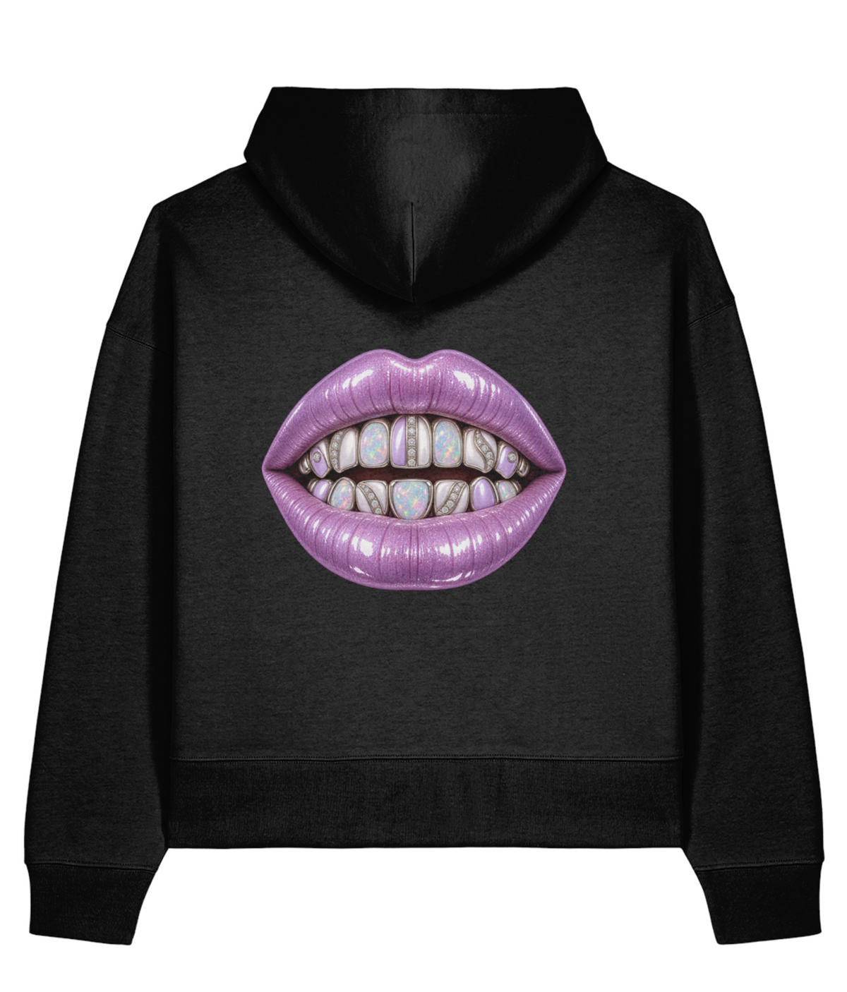 Soft Power Boxy Hoodie — Black, back view.