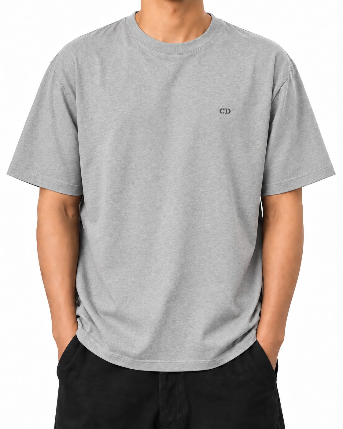 Course 01 — Heather Grey — Stella Embroidered Heather Grey worn front on white
