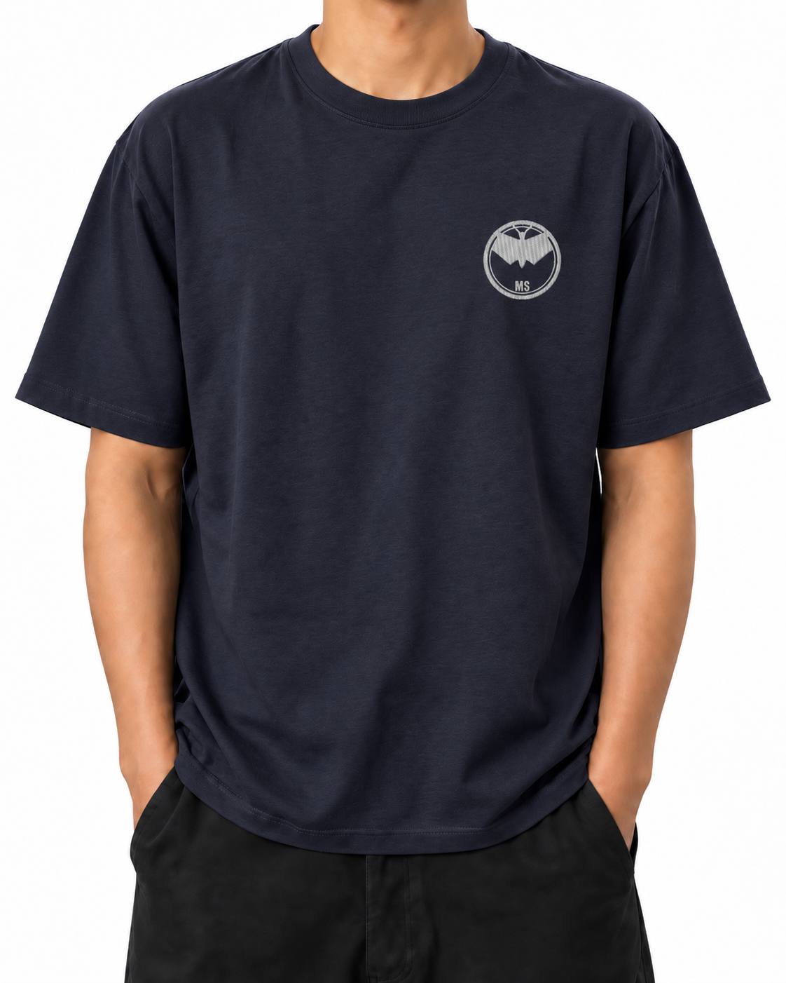 Midnight Signal — French Navy — Stella Embroidered French Navy worn front on white