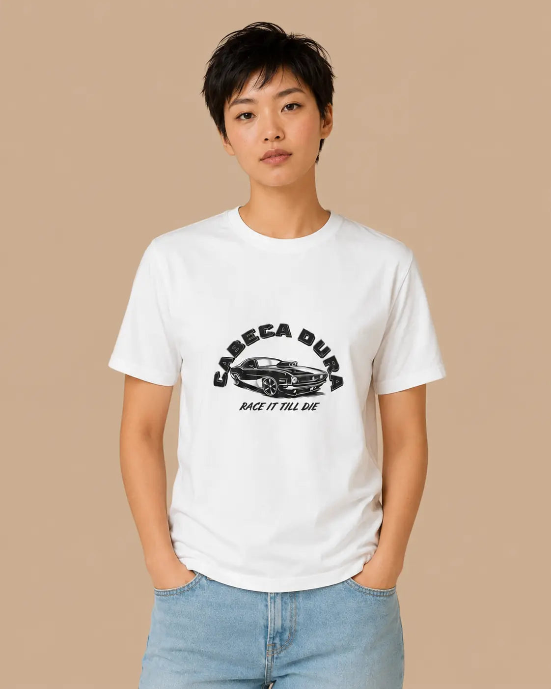 Female model wearing the Race Till Die white oversized T-shirt, front view
