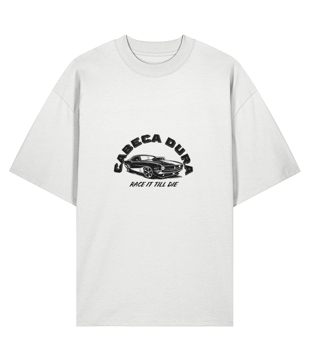 Race Till Die — White 200 GSM oversized T-shirt, front view