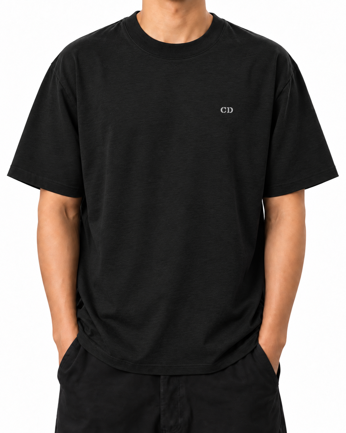 Unmoved — Black — Stella Embroidered Black worn front on white