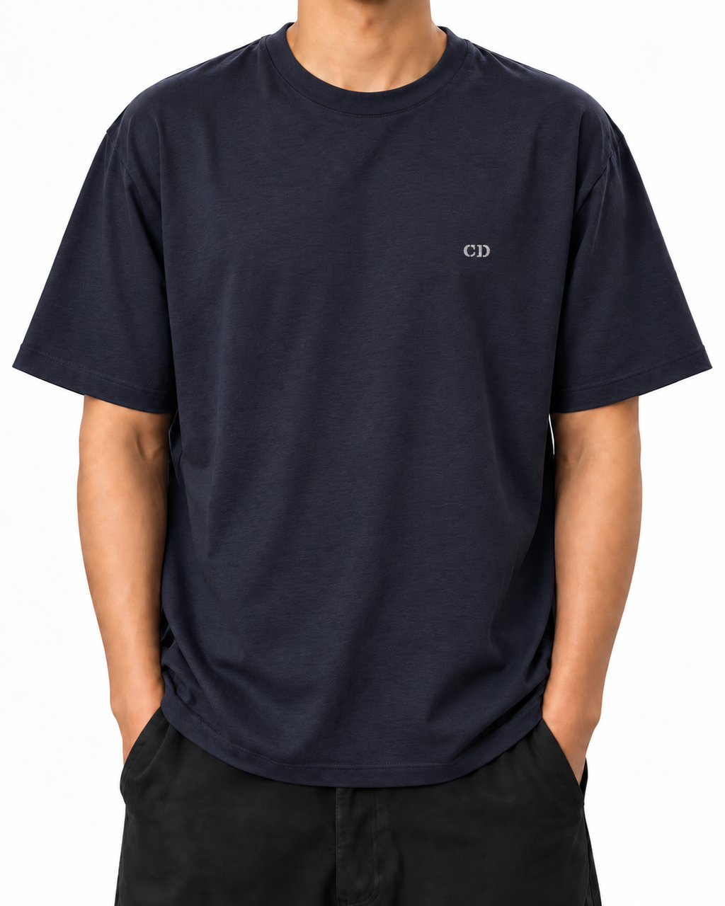 Unmoved — French Navy — Stella Embroidered French Navy worn front on white