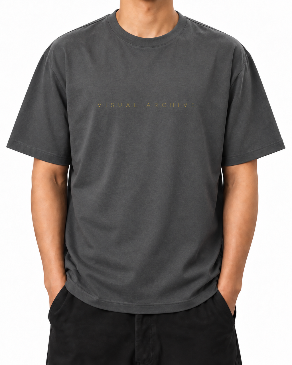 Visual Archive · 240 GSM Shadow worn front on white