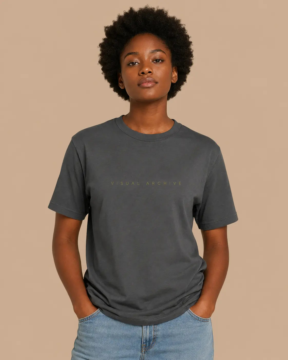Female model wearing the Visual Archive shadow oversized T-shirt, front view