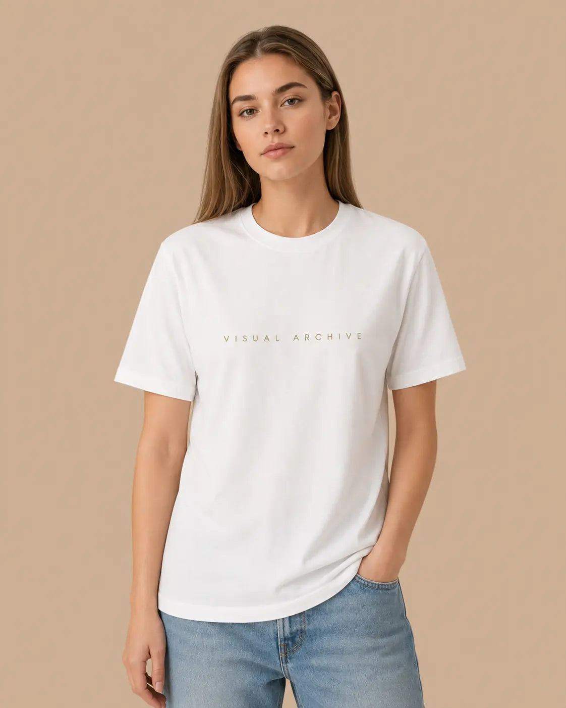 Female model wearing the Visual Archive white oversized T-shirt, front view